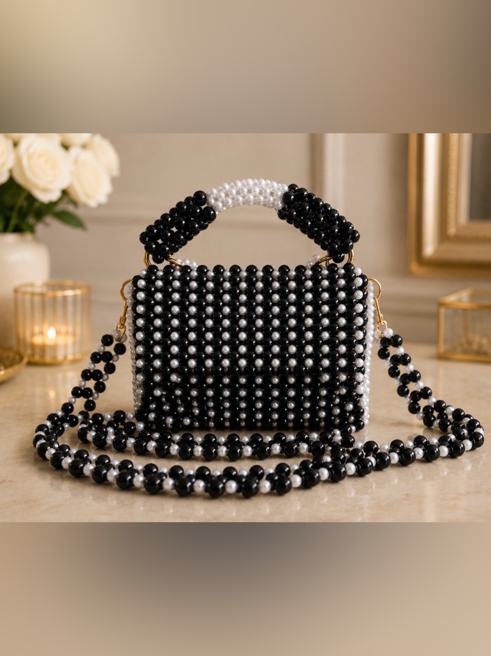 Black & White Beaded Crossbody Bag - Statement Evening Purse